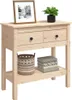 A pine wood console table with two drawers and a lower shelf, decorated with a framed picture and a potted plant on top, and a basket and books on the shelf. Produktbild-Vorschau