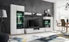 A modern living room with a TV unit, display cabinets, and a dining table. Produktbild-Vorschau