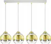 A white ceiling plate with four hanging pendant lights, each with a clear glass globe containing a gold-colored insert and a visible light bulb. Produktbild-Vorschau