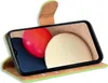 A book-style phone case with a phone inside, displaying a colorful abstract image on its screen. Produktbild-Vorschau