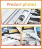 Collage of product photos showing a stylus pen and its accessories, and close-ups of the pen on a book. Produktbild-Vorschau