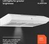 A white range hood is shown on a dark gray background with text overlays describing its features. Náhled obrázku produktu