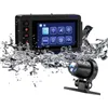 A motorcycle dashcam and rear camera are shown with water splashing around them. Produktbild-Vorschau