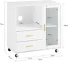 A white sideboard with gold handles and glass doors, featuring dimensions indicated by measurement lines and numbers. Produktbild-Vorschau