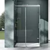 A modern shower enclosure with a sliding door, set against a dark gray wall and a glimpse of an outdoor scene through the glass. Produktbild-Vorschau