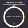 A circular light ring with two color temperatures, white and yellow, on a dark background. Text describes the lighting features. Produktbild-Vorschau