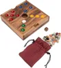 A wooden board game with colored pieces, a die, and a bag of stones. Produktbild-Vorschau