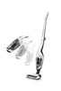 A white and black cordless vacuum cleaner is shown against a white background. Three versions of the handheld part of the vacuum are shown in motion, fading from dark to light, to illustrate its functionality. The main vacuum cleaner is upright and fully a Produktbild-Vorschau