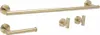 A set of bathroom accessories, including a towel bar, toilet paper holder, and two hooks, all in a brushed gold finish. Produktbild-Vorschau