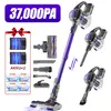 A collection of images showcasing a purple and gray cordless vacuum cleaner and its accessories, with promotional text and graphics. Voir les images du produit