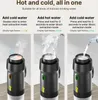 Three images showing how to use a portable coffee maker with hot and cold water. Náhled obrázku produktu
