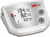 A white digital blood pressure monitor with a screen displaying readings and two circular buttons with icons. Produktbild-Vorschau