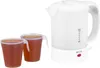 A white electric kettle and two cups of tea are shown against a white background. Voir les images du produit