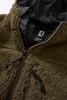 A close-up view of the zipper and hood area of a fuzzy olive green jacket. Produktbild-Vorschau