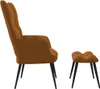 A side view of a brown velvet armchair and a matching ottoman, both with black metal legs, against a white background. Voir les images du produit