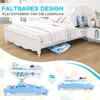 A baby walker is shown folded and stored under a bed, demonstrating its space-saving design. Other images show the walker in use and its features. Podgląd zdjęcia produktu
