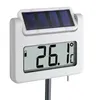 A close-up shot of a white digital thermometer with a solar panel on top, mounted on a gray pole. Produktbild-Vorschau