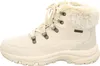 A side view of a beige winter boot with fur trim. Voir les images du produit