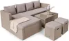 A beige rattan sectional sofa with gray cushions, a glass-top coffee table, and two beige ottomans, set against a white background. Produktbild-Vorschau