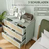 A sage green dresser with woven rattan drawer fronts, styled with a lamp, framed photos, a vintage radio, and a plant. Text overlays indicate storage capacity. Produktbild-Vorschau