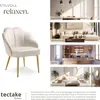 A collage showcasing a cream-colored armchair with gold legs, alongside images of different room settings (dining room, living room, kitchen, bedroom) where the armchair could fit. Produktbild-Vorschau