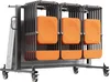 A rack of folded orange chairs on a metal frame with wheels. Produktbild-Vorschau