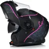 A black motorcycle helmet with pink and gray decorative patterns, shown from the side with the chin bar and visor lifted. Náhled obrázku produktu