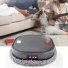 A robot vacuum cleaner is shown on a rug in a living room, with people in the background relaxing on a sofa and playing a guitar. Steam is emanating from the robot. Produktbild-Vorschau