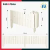 A white wooden roll border for garden beds, shown in both a partially unrolled and a fully laid out state, with dimensions indicated. Produktbild-Vorschau