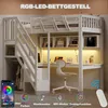 A loft bed with a desk and storage underneath, featuring RGB LED lighting. Voir les images du produit