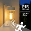 An outdoor wall light with a motion sensor is shown mounted on a textured wall, with a dark, leafy background suggesting nighttime. Produktbild-Vorschau