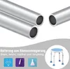 Product marketing image showing aluminum tubes and a shower stool with feature icons and text. Produktbild-Vorschau