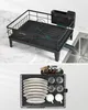 A collage showing a black dish drying rack on a countertop and a close-up of the dish rack filled with plates, glasses, and cups. Produktbild-Vorschau