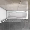A top-down view of a bathtub with a shower screen in front of it, set in a tiled bathroom. Produktbild-Vorschau