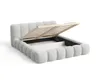 A light gray upholstered bed frame with its storage compartment open, revealing the wooden slatted base. Voir les images du produit