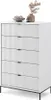 A white dresser with five drawers and black handles, standing on black legs. Decorative items are placed on top. Podgląd zdjęcia produktu