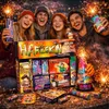 Four young adults are happily posing with a large box of fireworks and several individual fireworks, with sparks and fireworks in the background. Náhled obrázku produktu