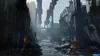 A post-apocalyptic city street with destroyed buildings and futuristic structures in the background. Produktbild-Vorschau