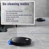 A robot vacuum cleaner is shown on a tiled floor, with a list of its cleaning modes displayed in a box. Produktbild-Vorschau
