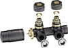 An assembled thermostatic radiator valve and its components displayed against a white background. Produktbild-Vorschau