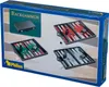 The image shows the packaging of a Philos Backgammon game. The packaging displays multiple views of the backgammon board and its components. Podgląd zdjęcia produktu