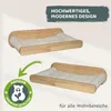 Two identical wooden cat beds with white cushions are displayed against a light gray background. A green arrow points from a circular logo to the lower bed. Produktbild-Vorschau