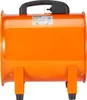 An orange industrial fan with a black handle is shown from the front on a white background. A label with product information is visible on the top of the fan. Produktbild-Vorschau