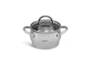 A stainless steel pot with a glass lid and two handles, shown on a white background. Produktbild-Vorschau