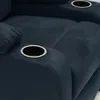 Close-up view of the armrest of a blue recliner chair, showing two built-in cup holders with silver trim. Anteprima dell’immagine prodotto