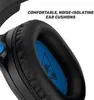 Close-up of a black and blue gaming headset with text overlay. Produktbild-Vorschau