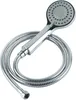 A chrome-plated hand shower with a flexible hose, coiled around it. Produktbild-Vorschau