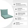 A light blue lounge cushion set with descriptive text boxes on the right. Produktbild-Vorschau