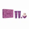 A gift set of Versace Dylan Purple fragrance for women, including a perfume bottle, two lotion tubes, and a miniature perfume bottle, all in purple packaging with a floral pattern. Anteprima dell’immagine prodotto