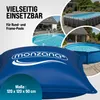 Collage of images showing different types of swimming pools and a large blue pool cover with brand logo and dimensions. Produktbild-Vorschau